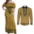 Gold African Dashiki With Fijian Tapa Pattern Couples Matching Off Shoulder Maxi Dress and Long Sleeve Button Shirt