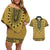 Gold African Dashiki With Fijian Tapa Pattern Couples Matching Off Shoulder Short Dress and Hawaiian Shirt