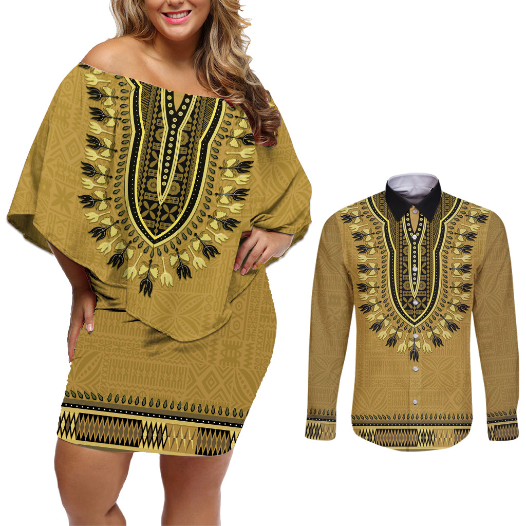 Gold African Dashiki With Fijian Tapa Pattern Couples Matching Off Shoulder Short Dress and Long Sleeve Button Shirt