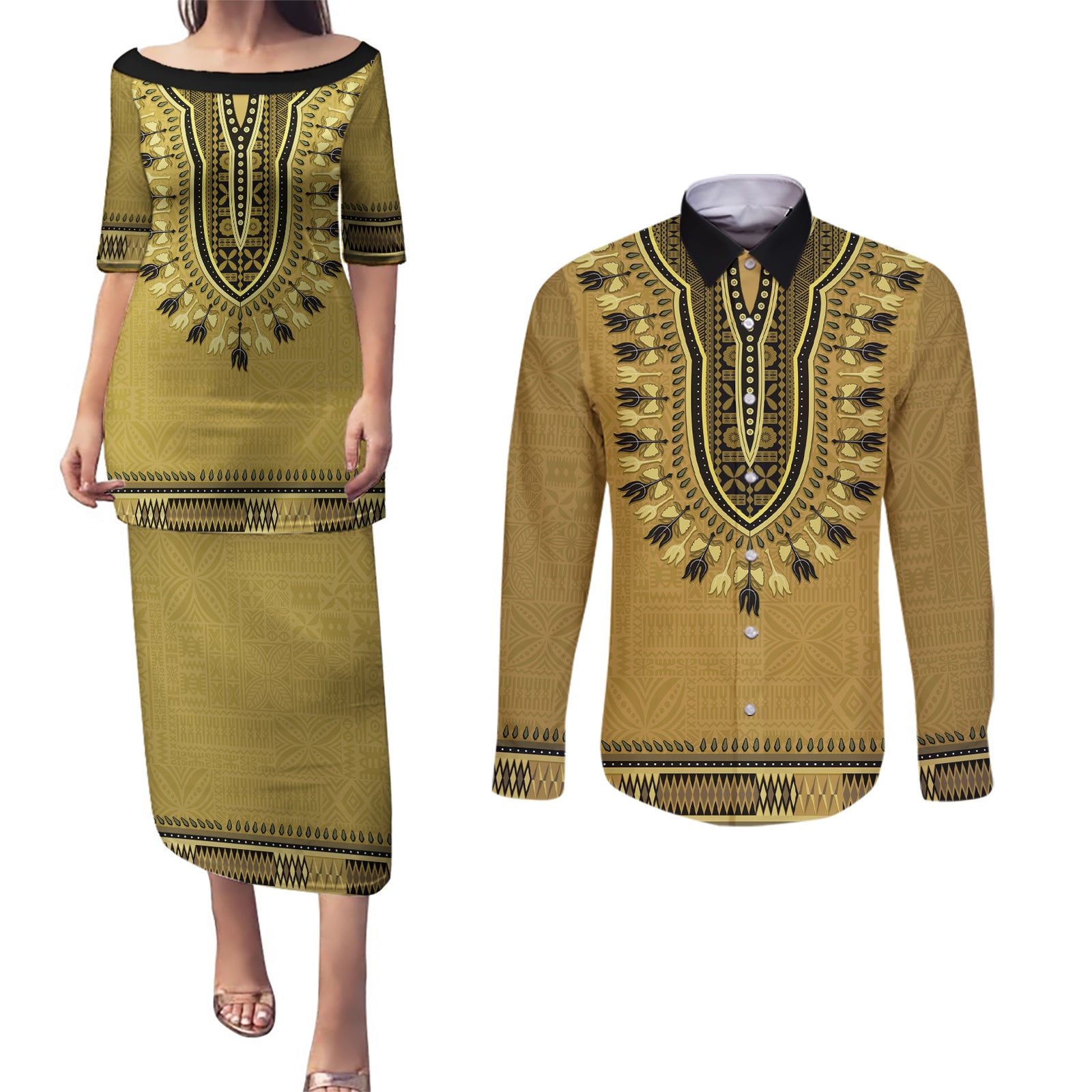 Gold African Dashiki With Fijian Tapa Pattern Couples Matching Puletasi and Long Sleeve Button Shirt
