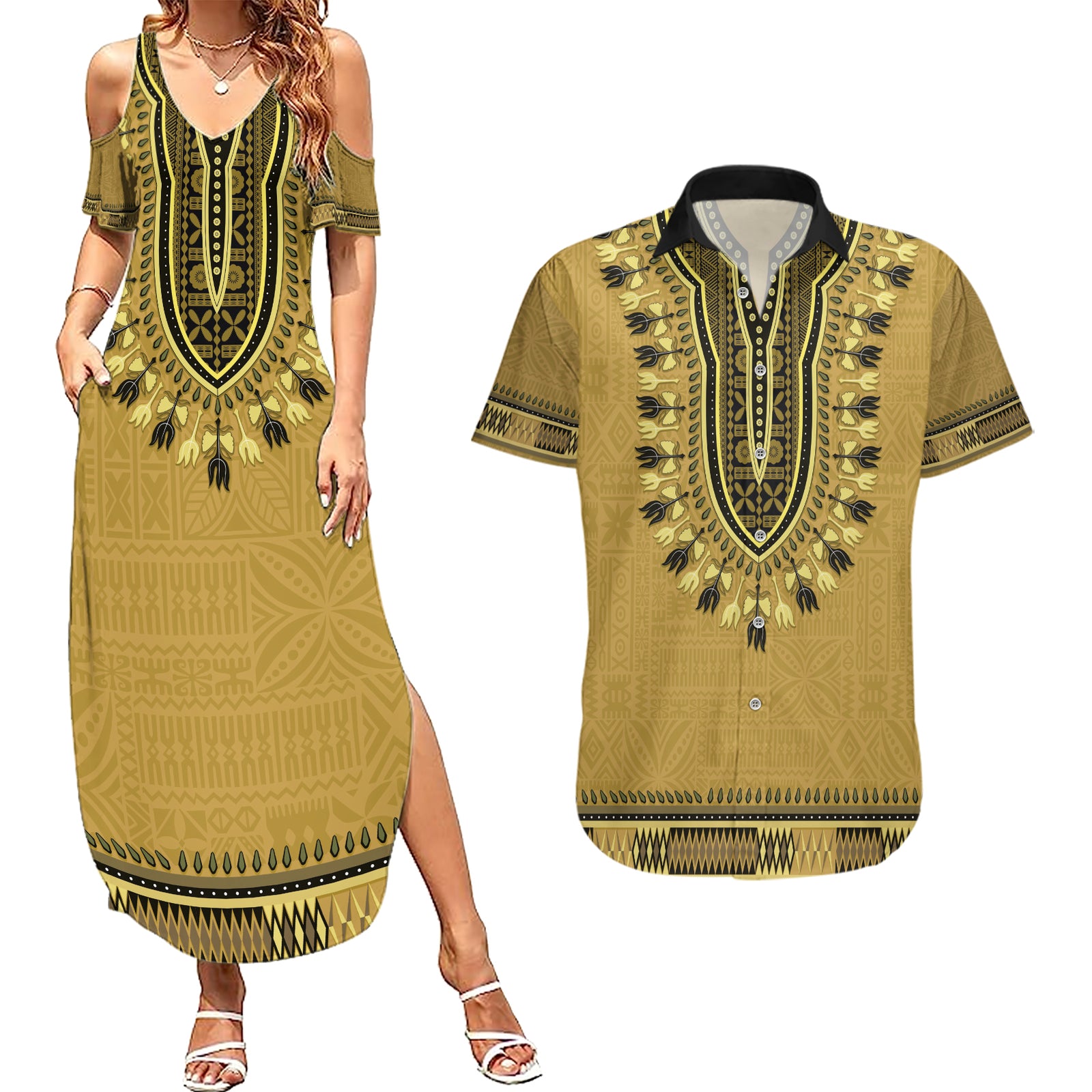 Gold African Dashiki With Fijian Tapa Pattern Couples Matching Summer Maxi Dress and Hawaiian Shirt