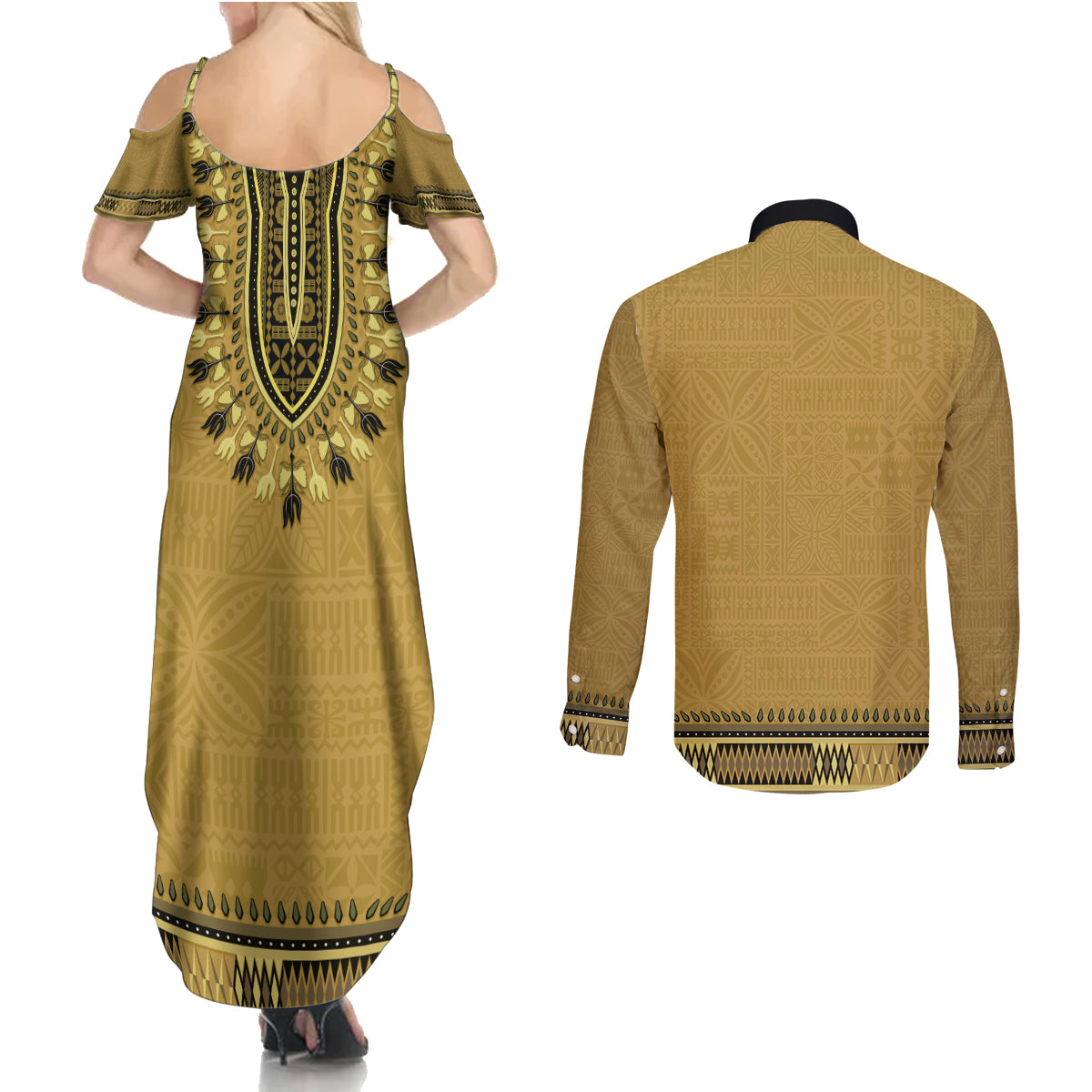 Gold African Dashiki With Fijian Tapa Pattern Couples Matching Summer Maxi Dress and Long Sleeve Button Shirt