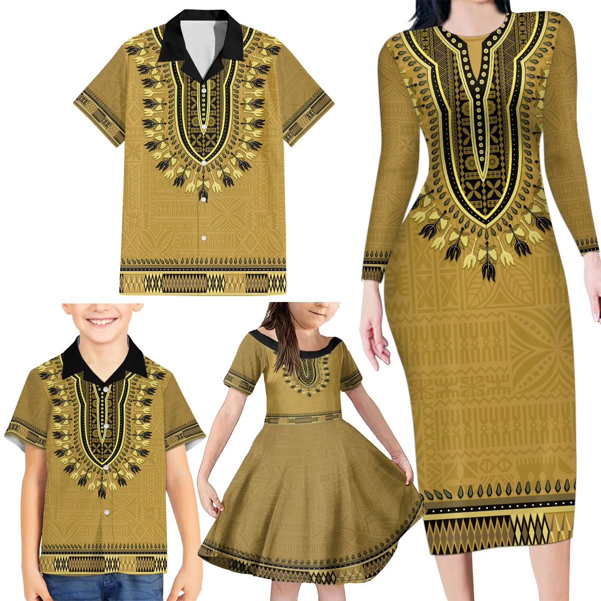 Gold African Dashiki With Fijian Tapa Pattern Family Matching Long Sleeve Bodycon Dress and Hawaiian Shirt