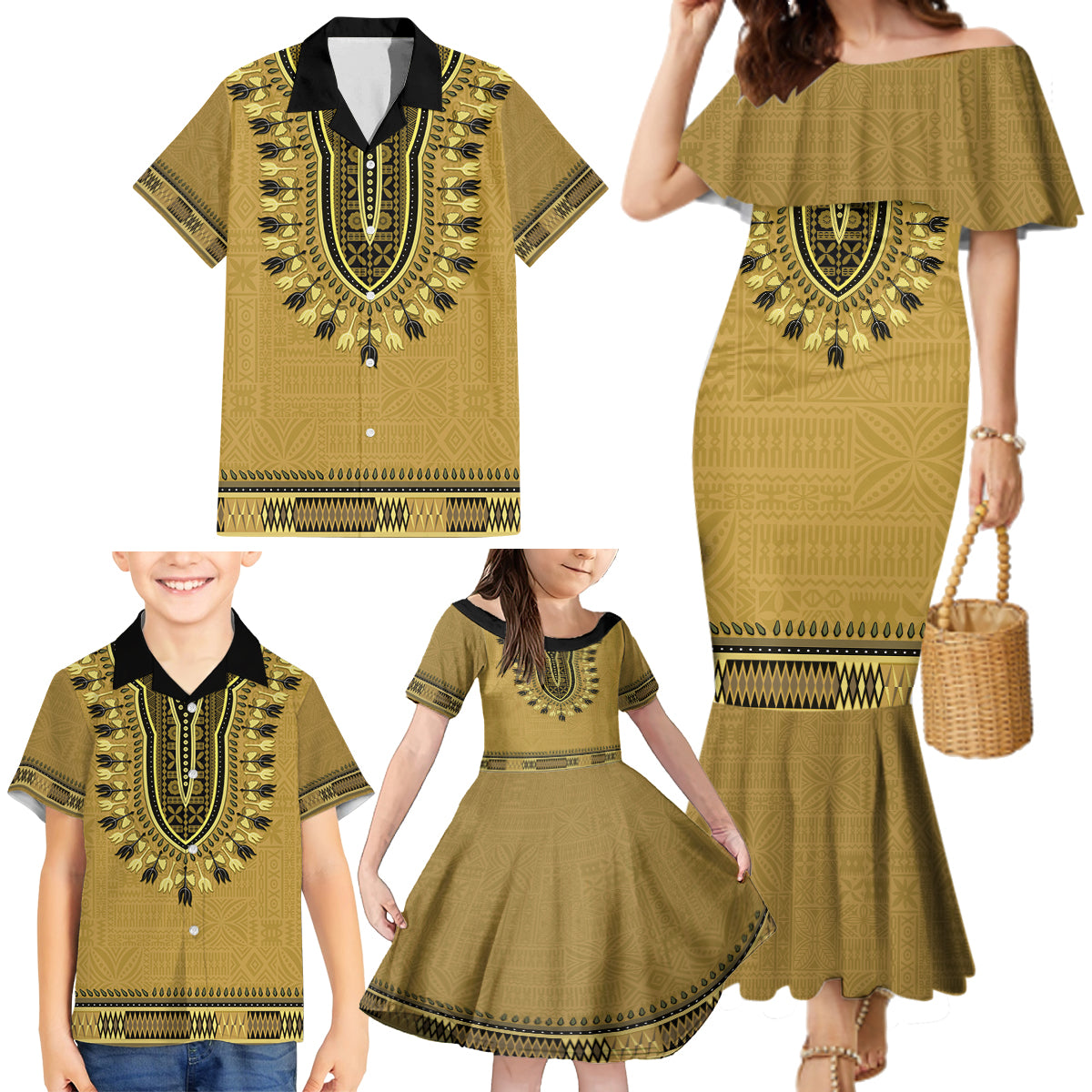 Gold African Dashiki With Fijian Tapa Pattern Family Matching Mermaid Dress and Hawaiian Shirt