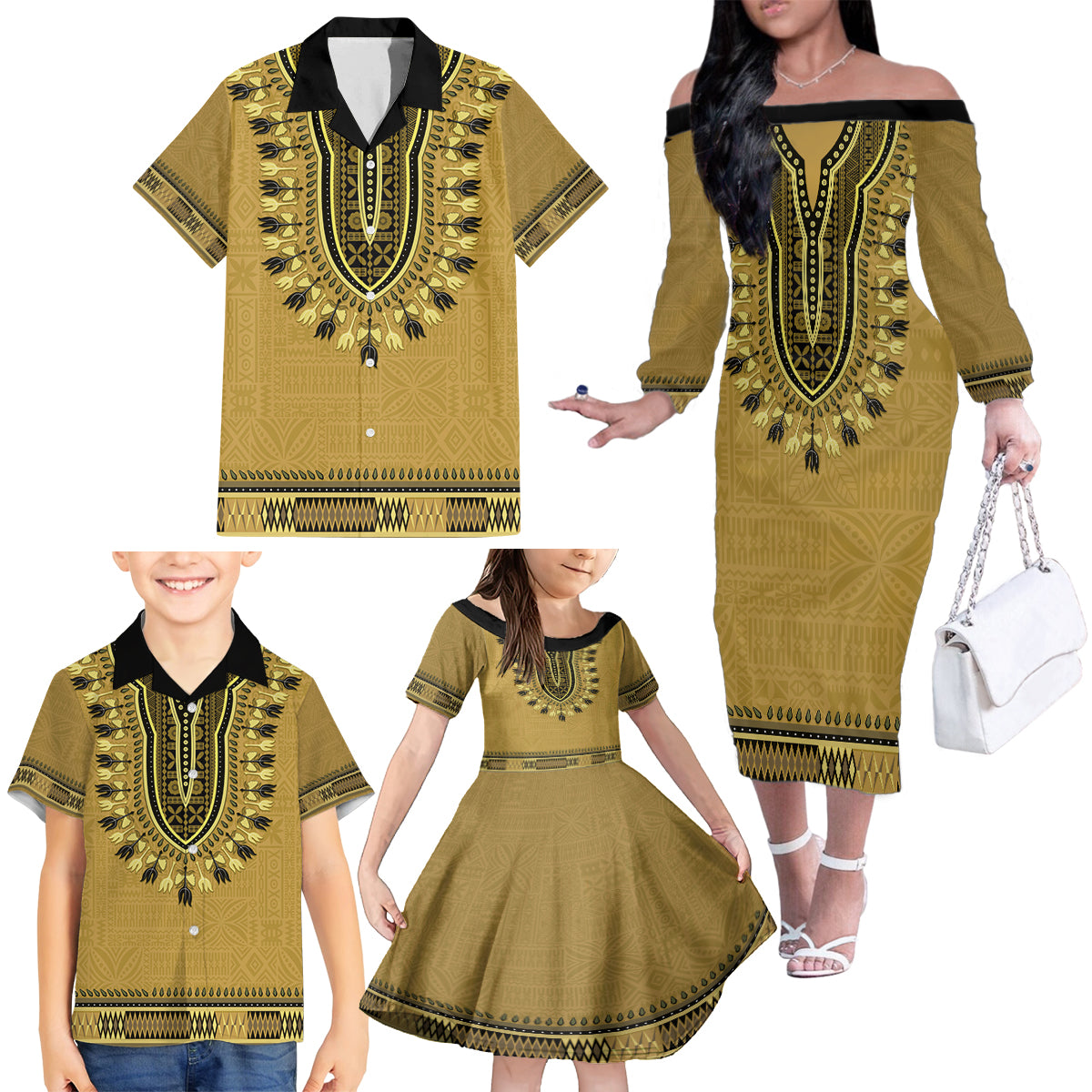 Gold African Dashiki With Fijian Tapa Pattern Family Matching Off The Shoulder Long Sleeve Dress and Hawaiian Shirt
