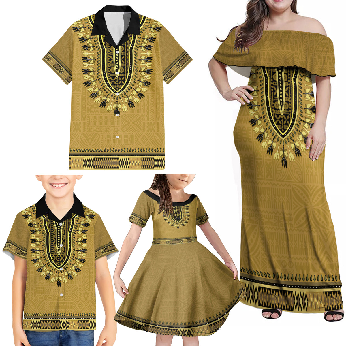 Gold African Dashiki With Fijian Tapa Pattern Family Matching Off Shoulder Maxi Dress and Hawaiian Shirt