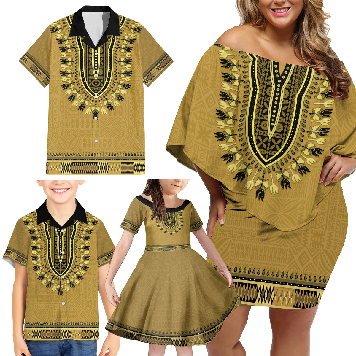 Gold African Dashiki With Fijian Tapa Pattern Family Matching Off Shoulder Short Dress and Hawaiian Shirt