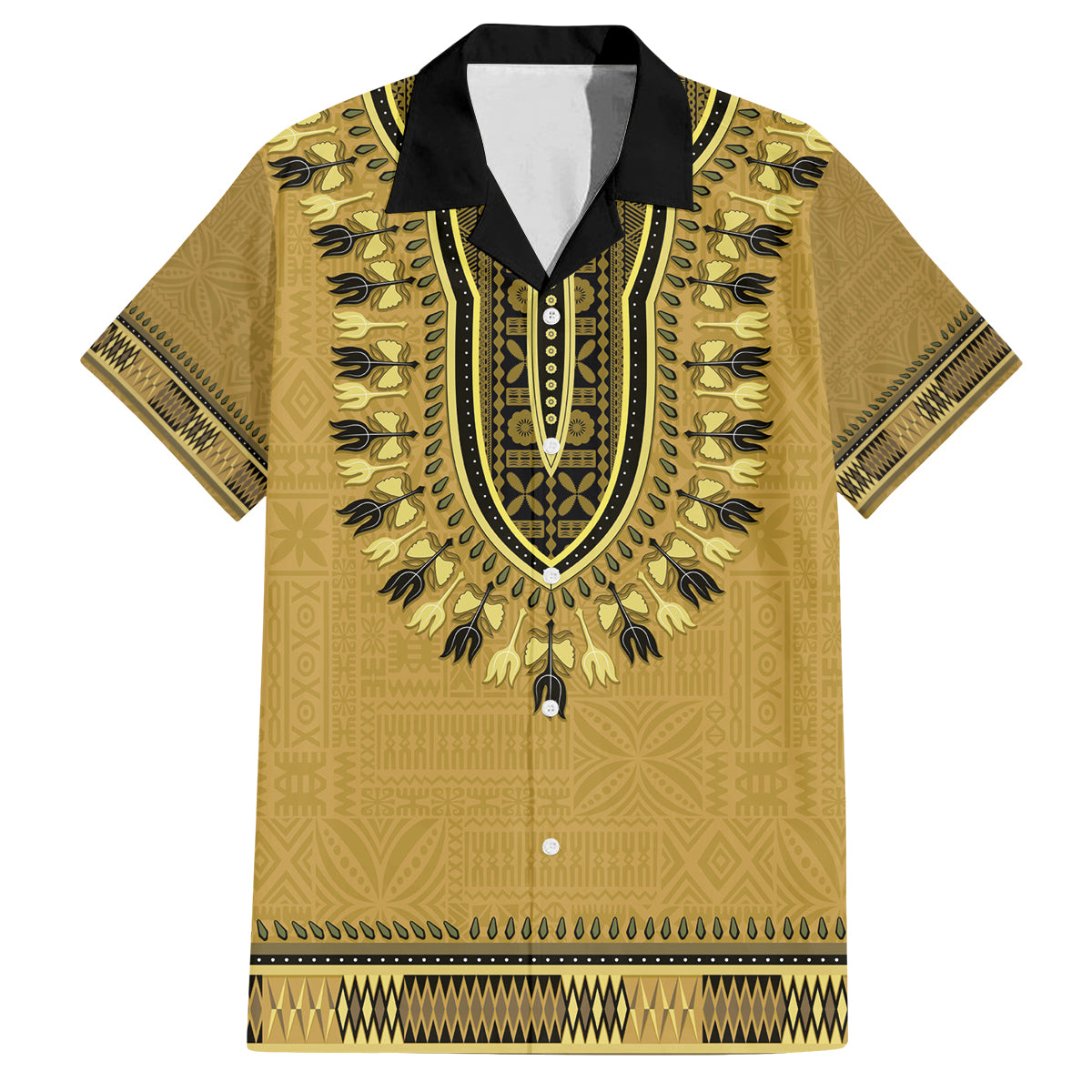 Gold African Dashiki With Fijian Tapa Pattern Family Matching Off Shoulder Short Dress and Hawaiian Shirt