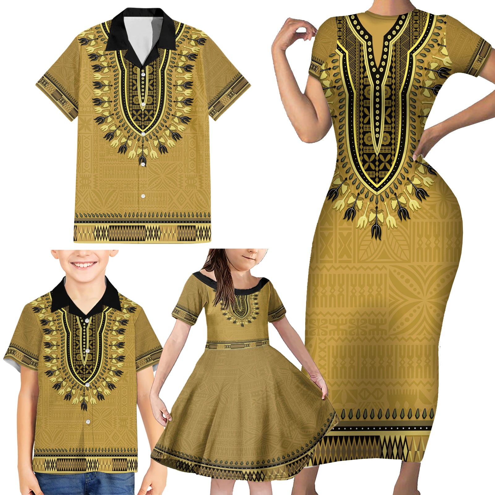 Gold African Dashiki With Fijian Tapa Pattern Family Matching Short Sleeve Bodycon Dress and Hawaiian Shirt