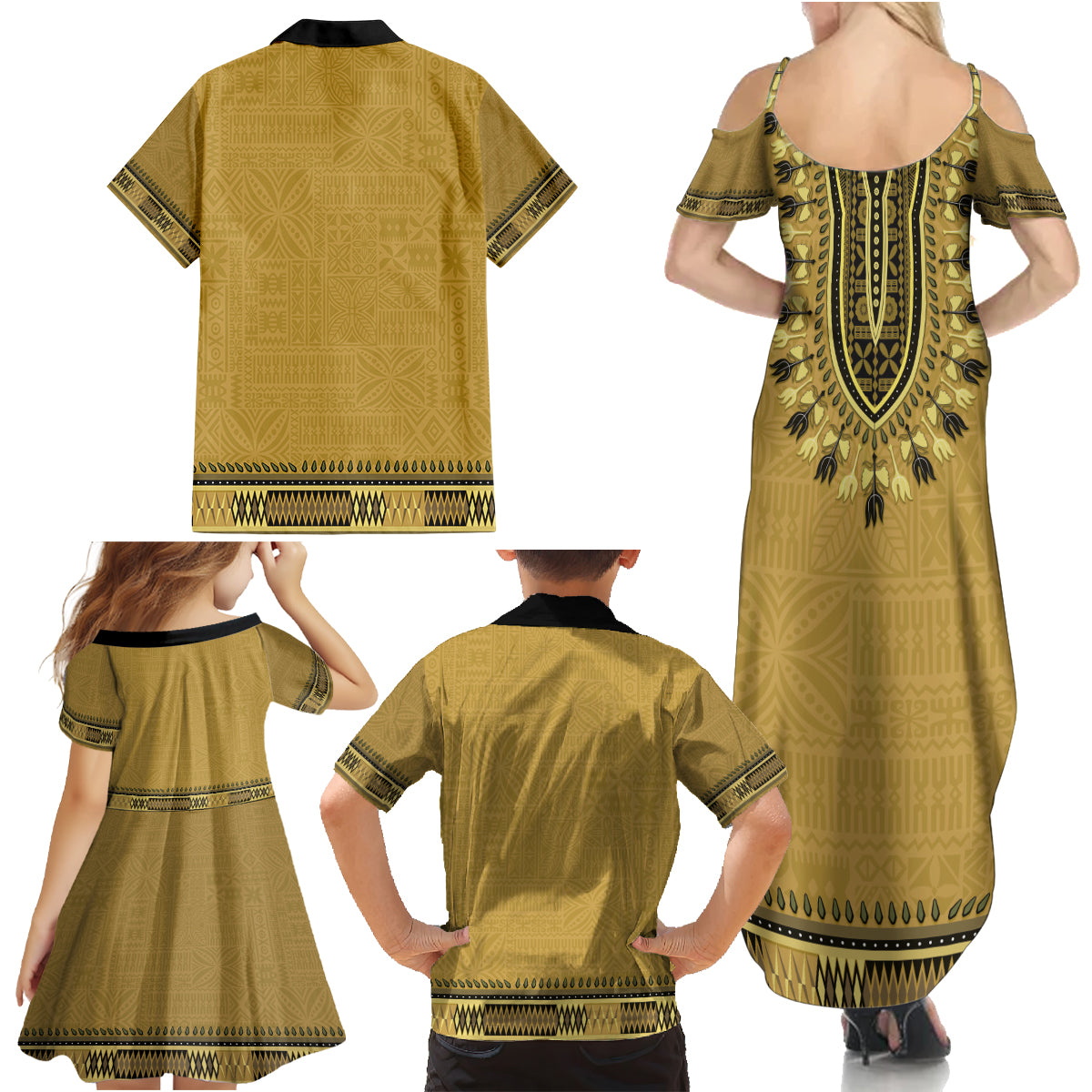 Gold African Dashiki With Fijian Tapa Pattern Family Matching Summer Maxi Dress and Hawaiian Shirt