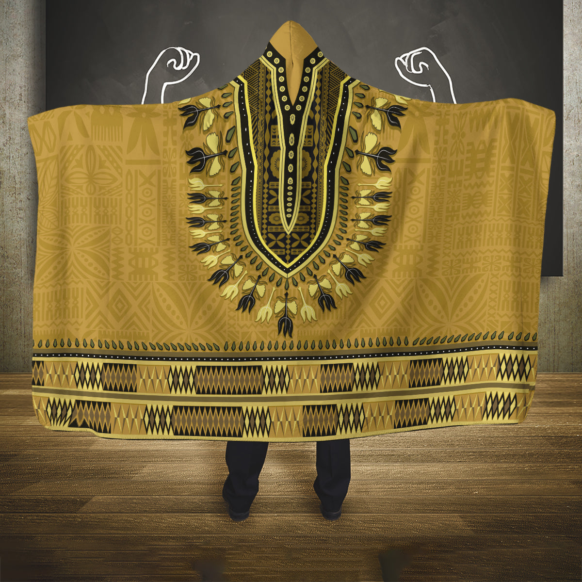 Gold African Dashiki With Fijian Tapa Pattern Hooded Blanket