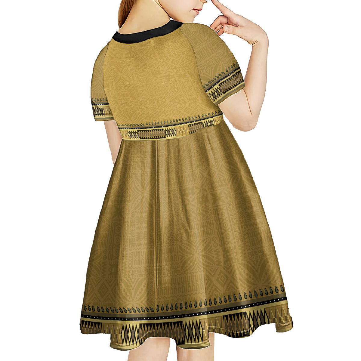 Gold African Dashiki With Fijian Tapa Pattern Kid Short Sleeve Dress