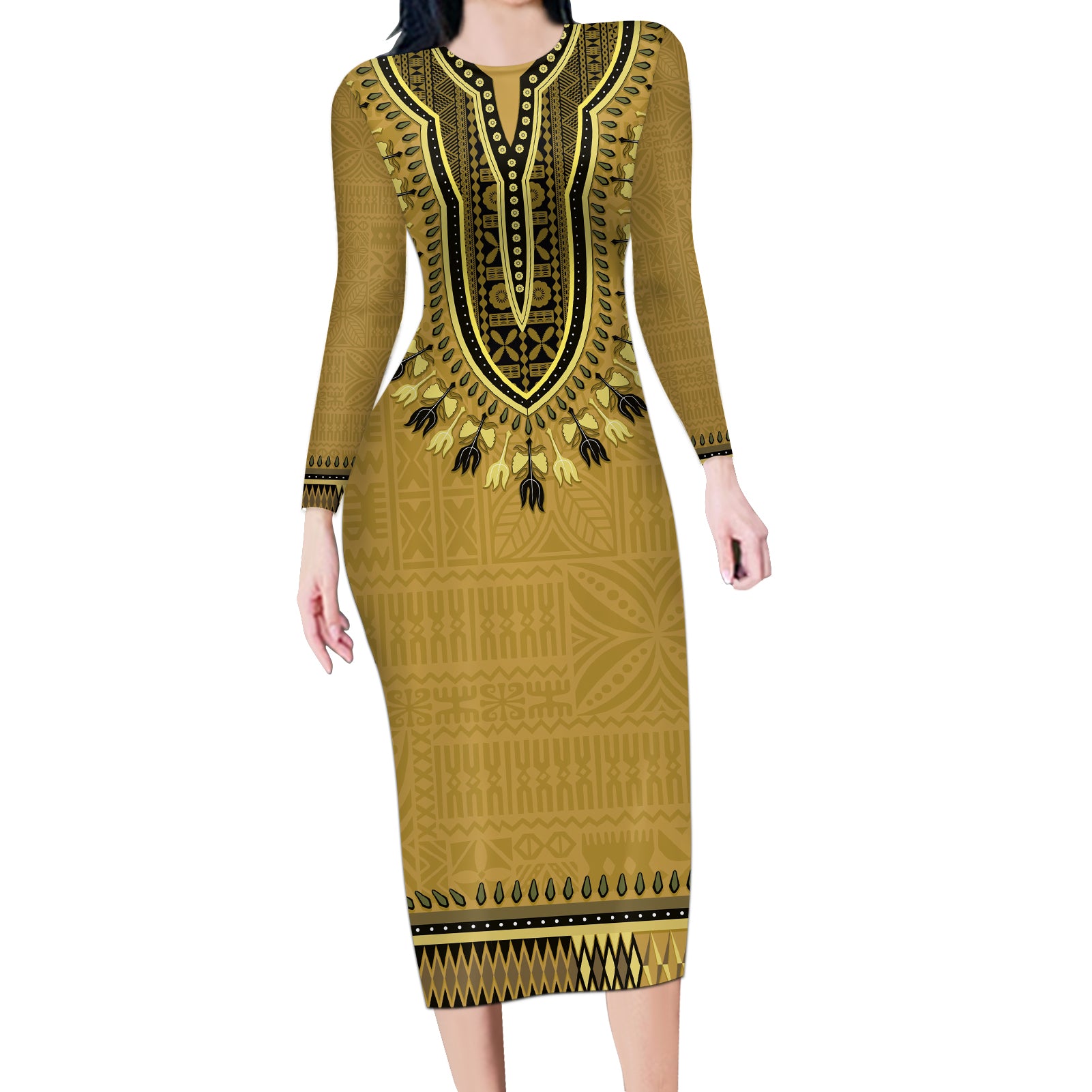 Gold African Dashiki With Fijian Tapa Pattern Long Sleeve Bodycon Dress