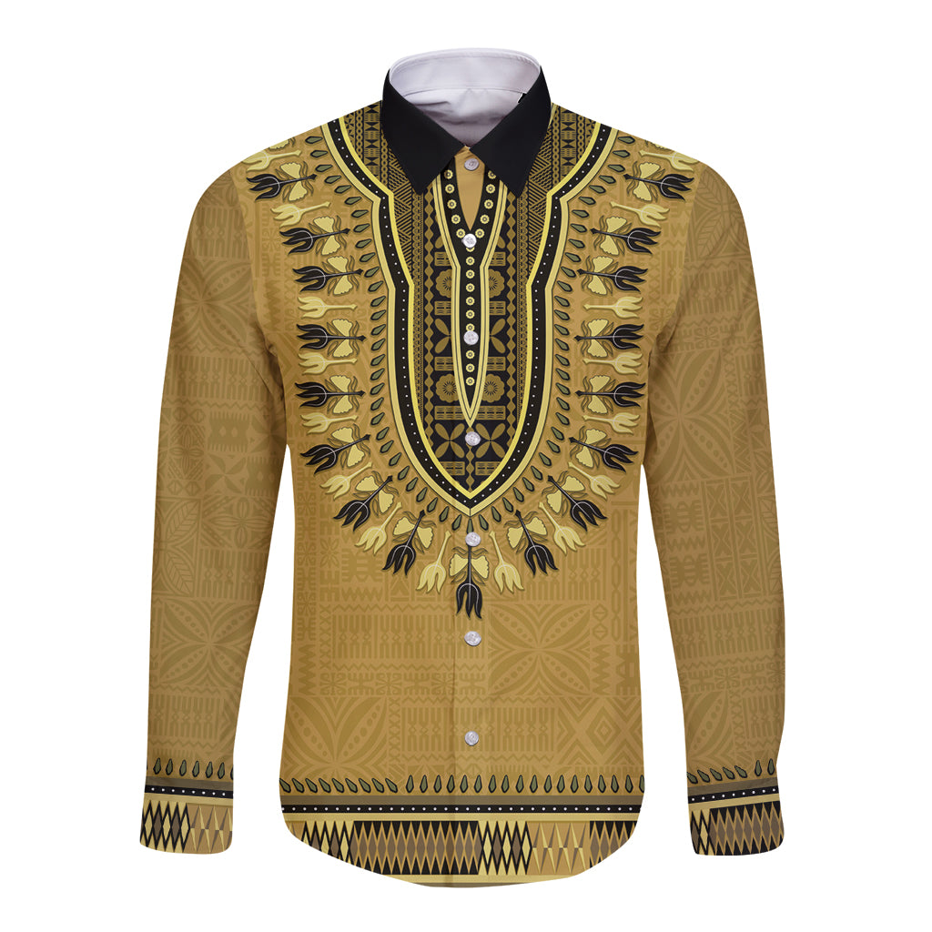Gold African Dashiki With Fijian Tapa Pattern Long Sleeve Button Shirt