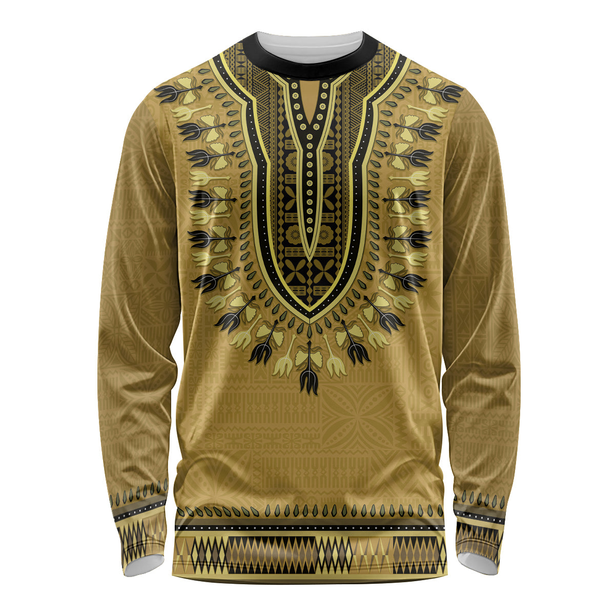 Gold African Dashiki With Fijian Tapa Pattern Long Sleeve Shirt