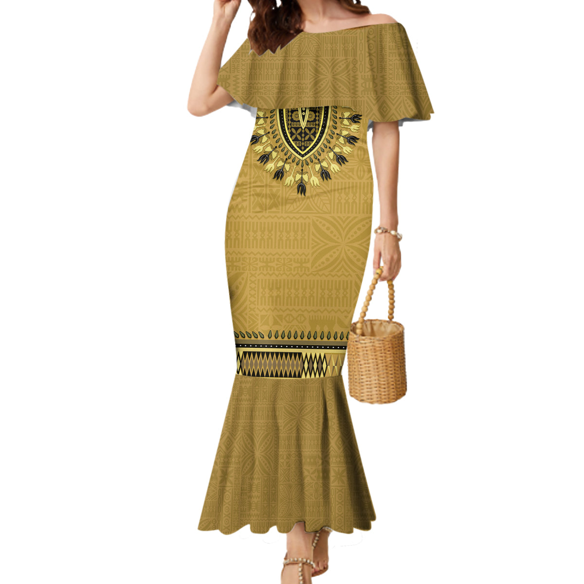 Gold African Dashiki With Fijian Tapa Pattern Mermaid Dress