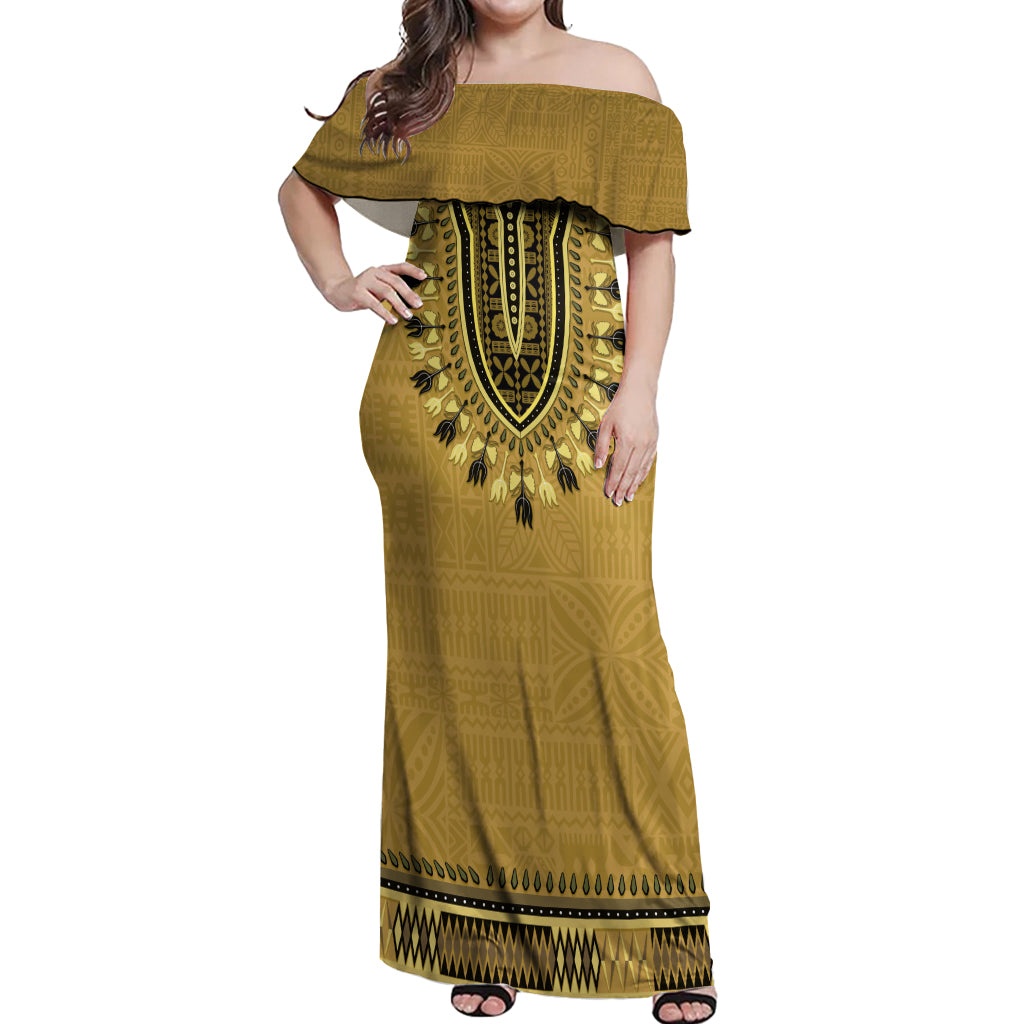 Gold African Dashiki With Fijian Tapa Pattern Off Shoulder Maxi Dress