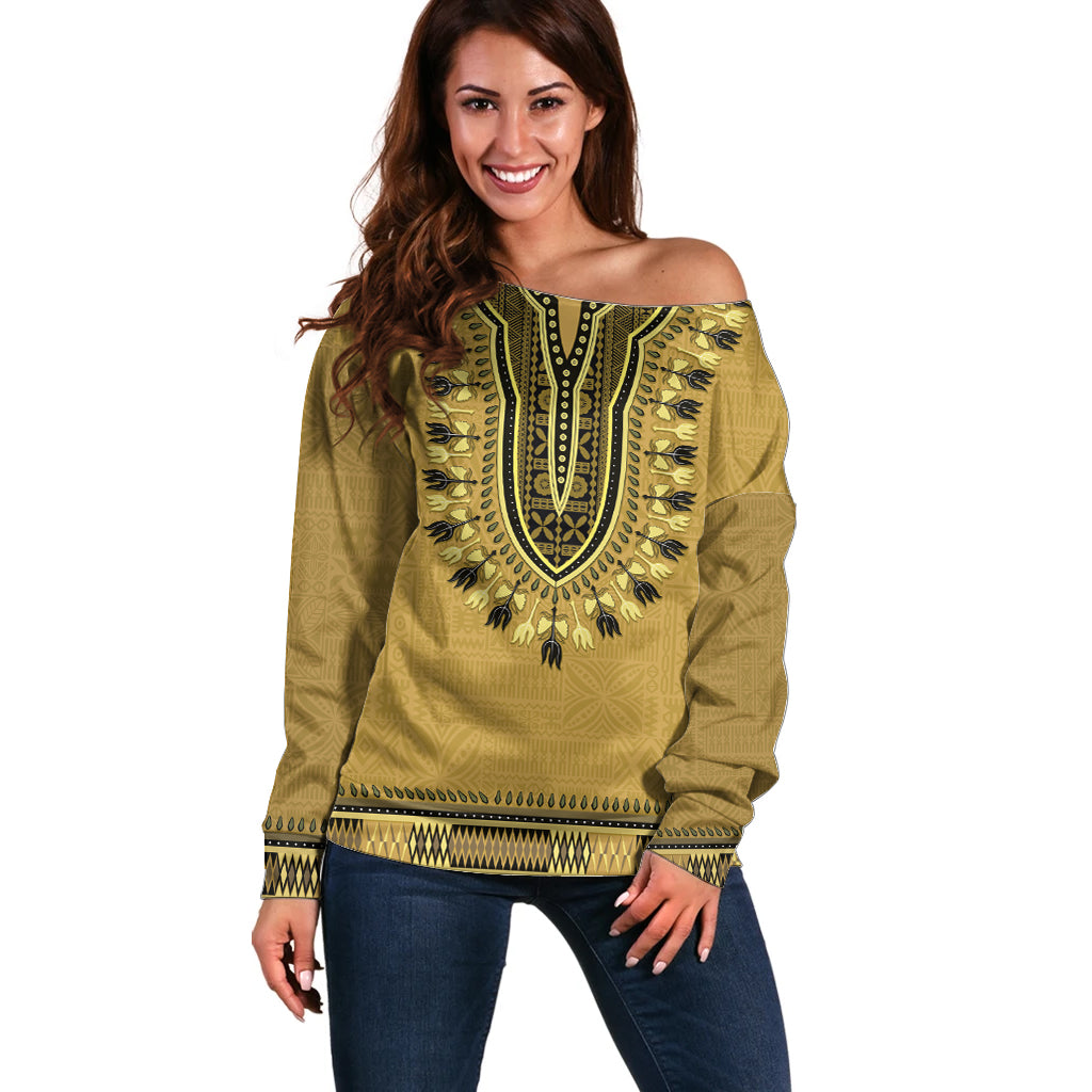 Gold African Dashiki With Fijian Tapa Pattern Off Shoulder Sweater