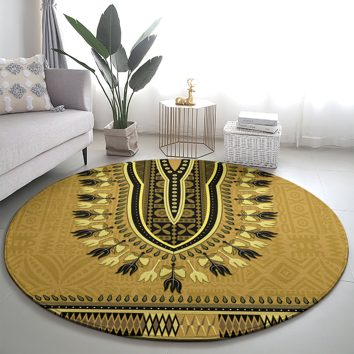 Gold African Dashiki With Fijian Tapa Pattern Round Carpet