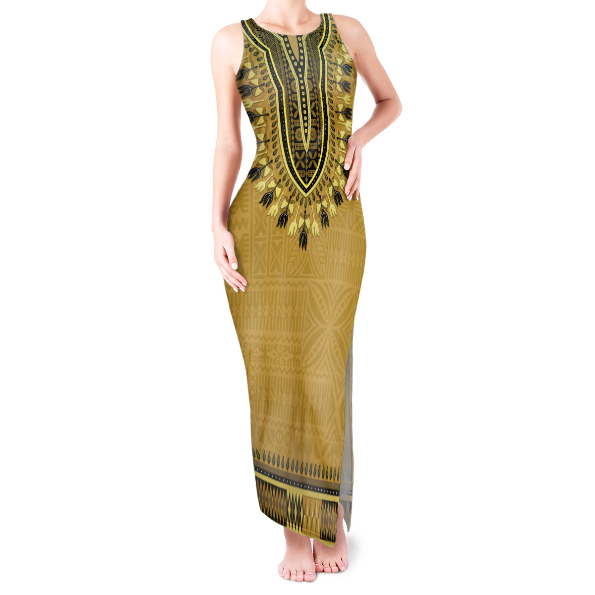 Gold African Dashiki With Fijian Tapa Pattern Tank Maxi Dress