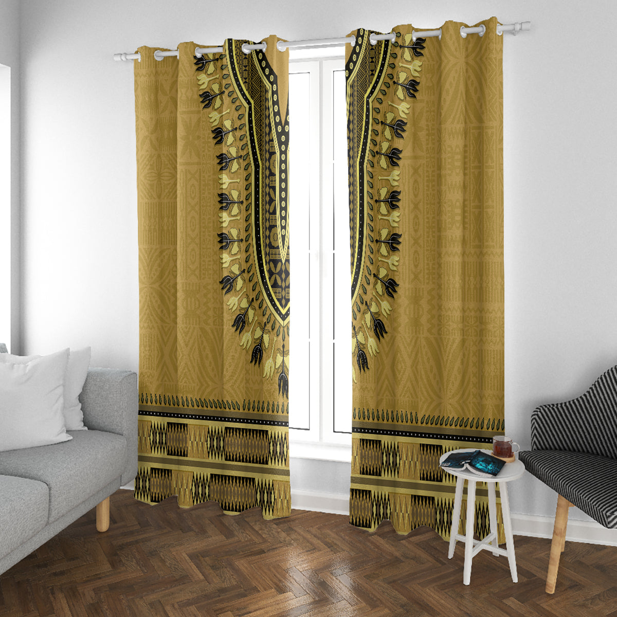 Gold African Dashiki With Fijian Tapa Pattern Window Curtain