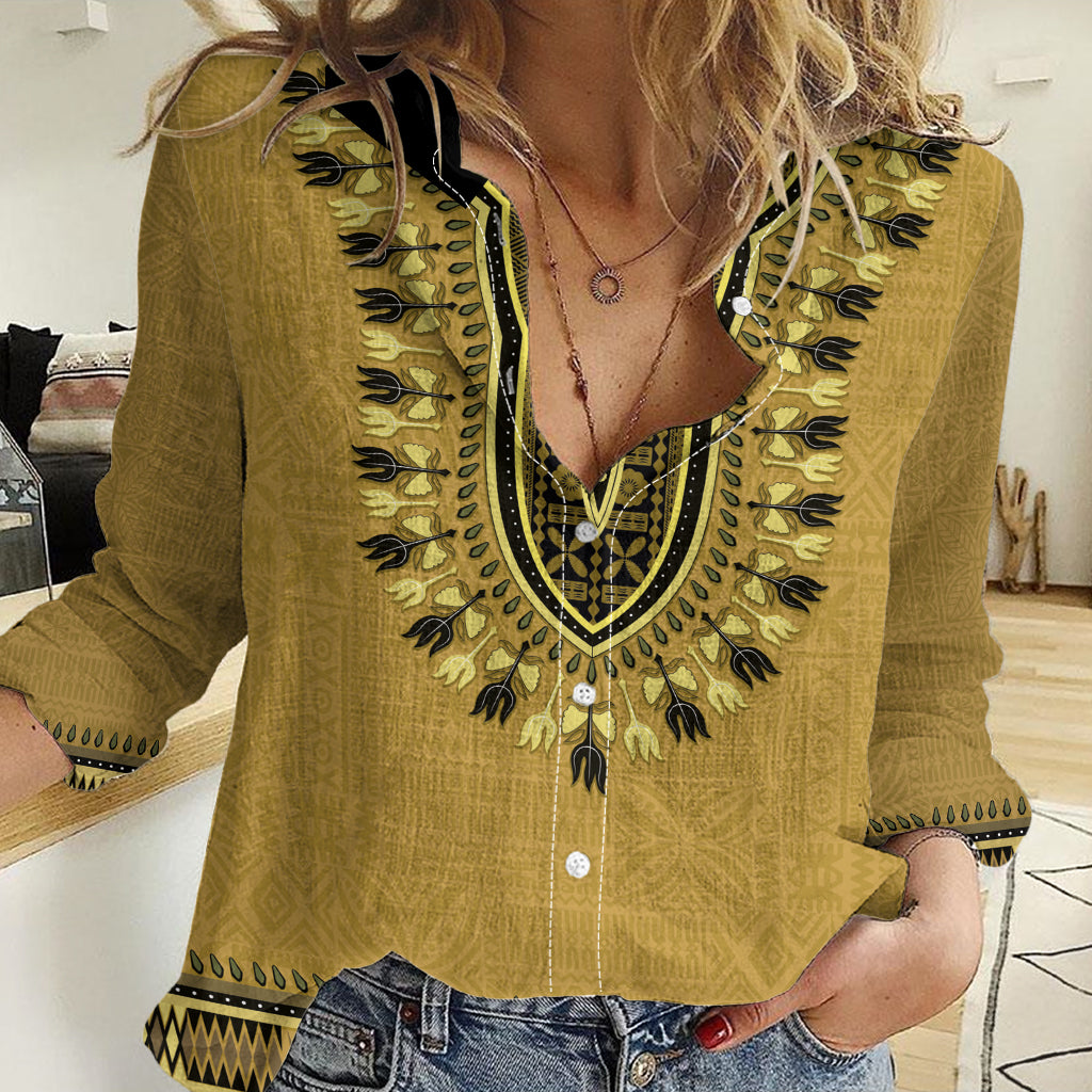 Gold African Dashiki With Fijian Tapa Pattern Women Casual Shirt
