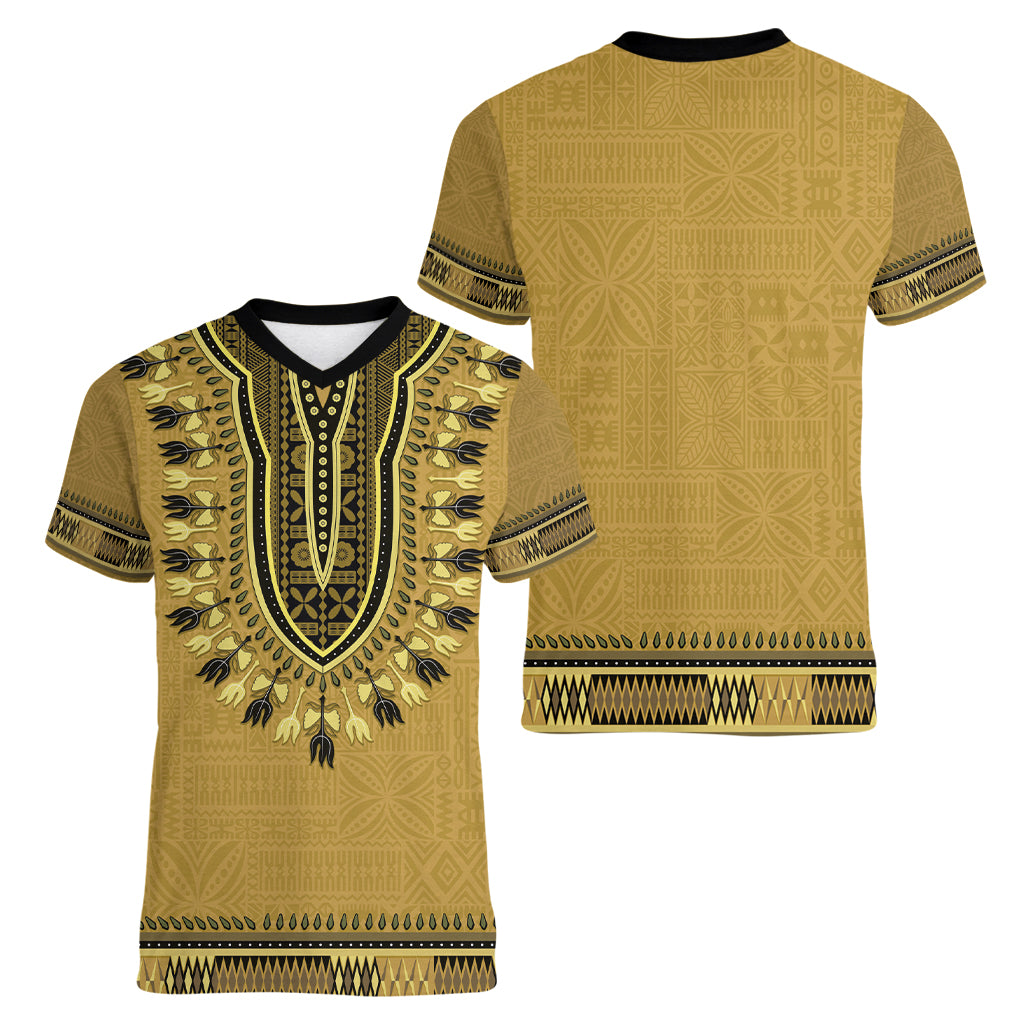 Gold African Dashiki With Fijian Tapa Pattern Women V-Neck T-Shirt