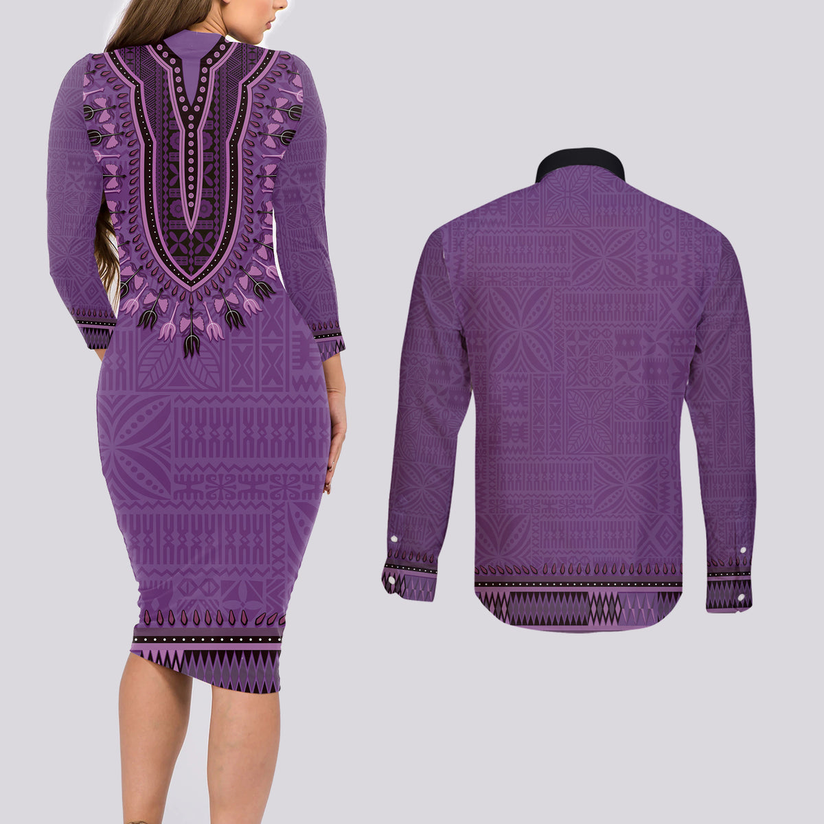 Purple African Dashiki With Fijian Tapa Pattern Couples Matching Long Sleeve Bodycon Dress and Long Sleeve Button Shirt