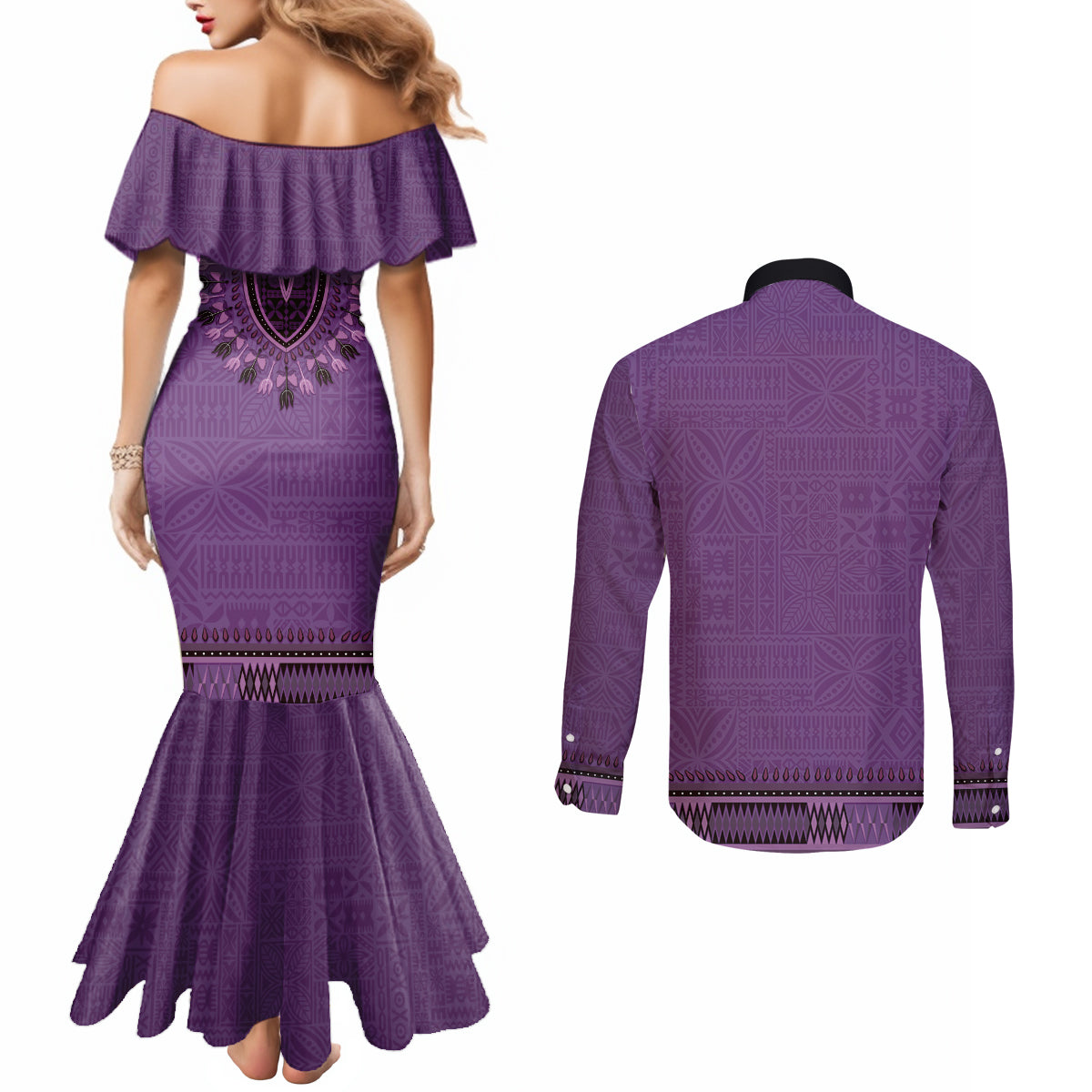 Purple African Dashiki With Fijian Tapa Pattern Couples Matching Mermaid Dress and Long Sleeve Button Shirt