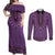 Purple African Dashiki With Fijian Tapa Pattern Couples Matching Off Shoulder Maxi Dress and Long Sleeve Button Shirt