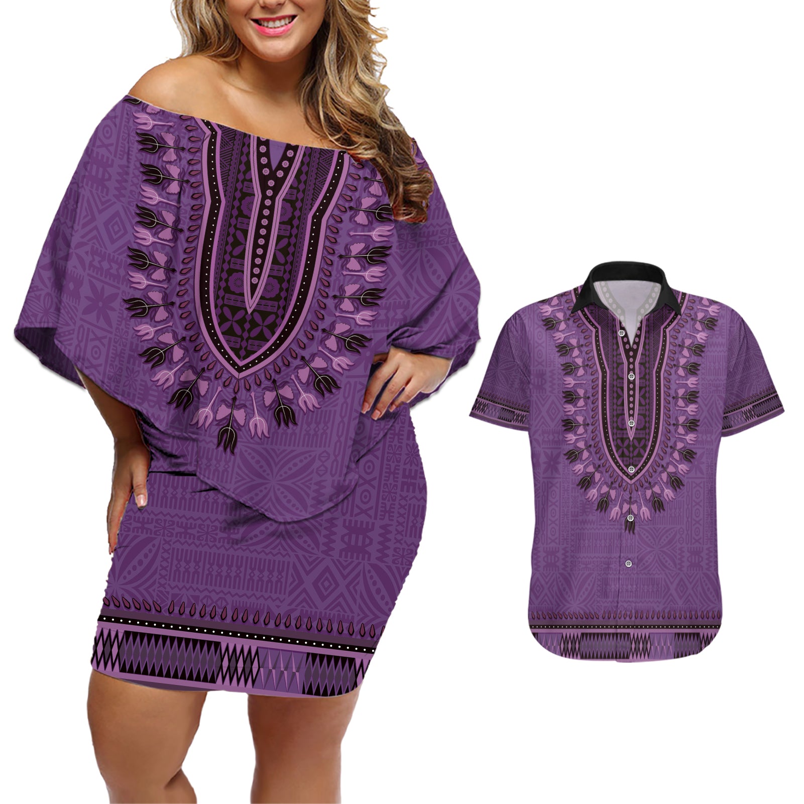 Purple African Dashiki With Fijian Tapa Pattern Couples Matching Off Shoulder Short Dress and Hawaiian Shirt