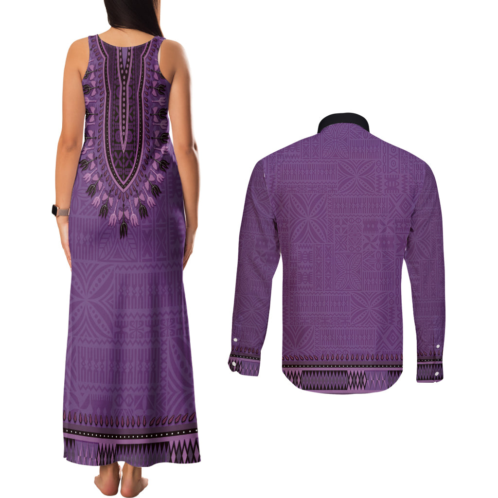 Purple African Dashiki With Fijian Tapa Pattern Couples Matching Tank Maxi Dress and Long Sleeve Button Shirt