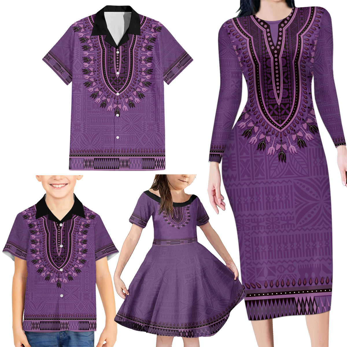 Purple African Dashiki With Fijian Tapa Pattern Family Matching Long Sleeve Bodycon Dress and Hawaiian Shirt