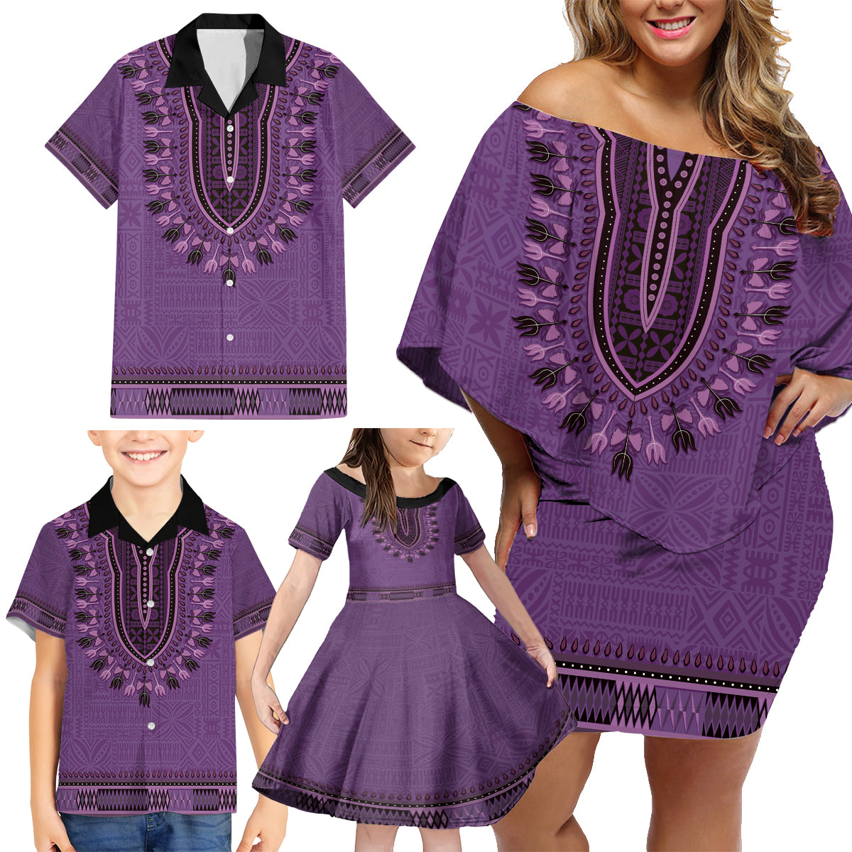 Purple African Dashiki With Fijian Tapa Pattern Family Matching Off Shoulder Short Dress and Hawaiian Shirt