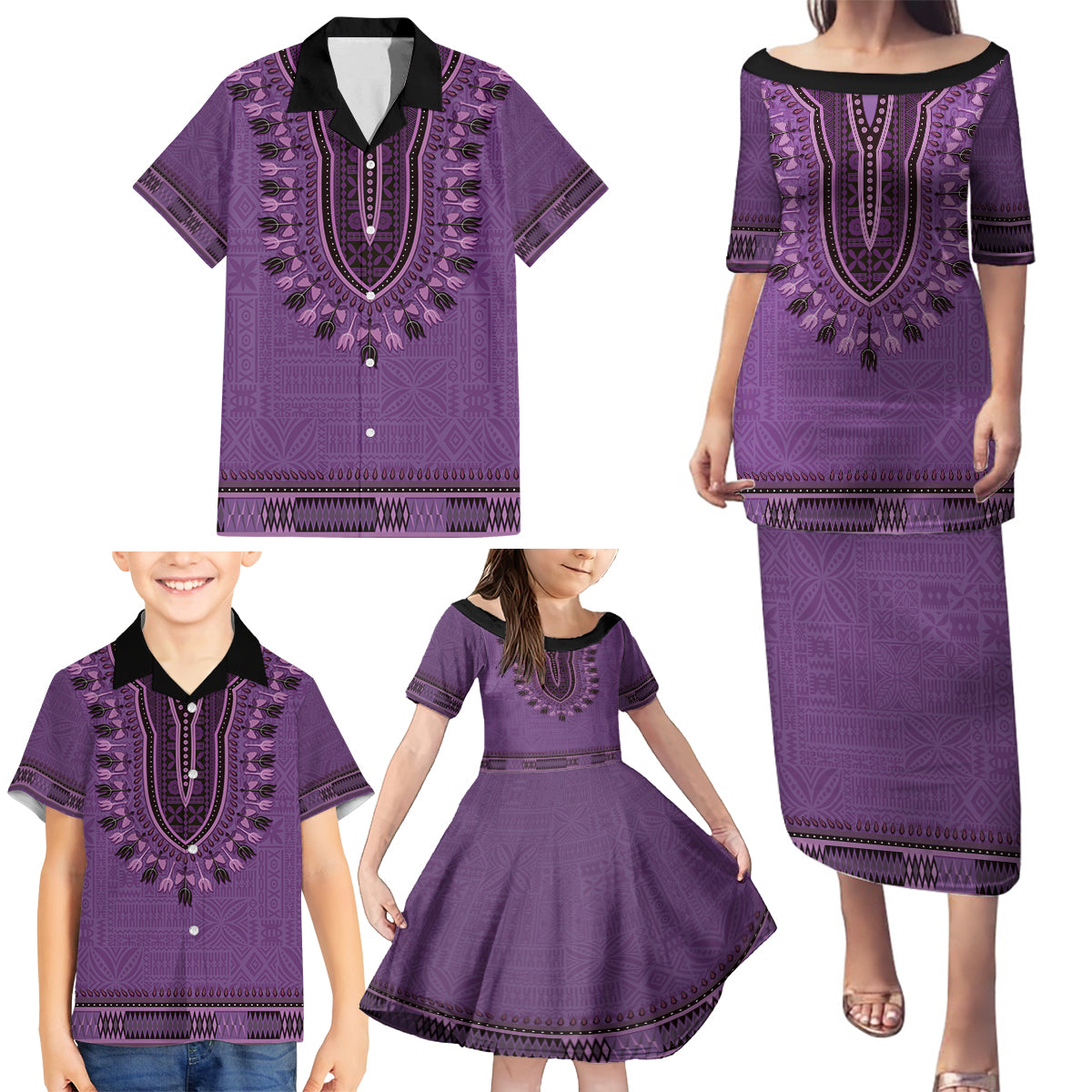 Purple African Dashiki With Fijian Tapa Pattern Family Matching Puletasi and Hawaiian Shirt