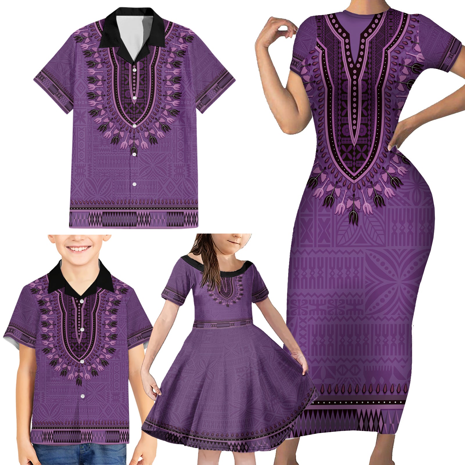 Purple African Dashiki With Fijian Tapa Pattern Family Matching Short Sleeve Bodycon Dress and Hawaiian Shirt