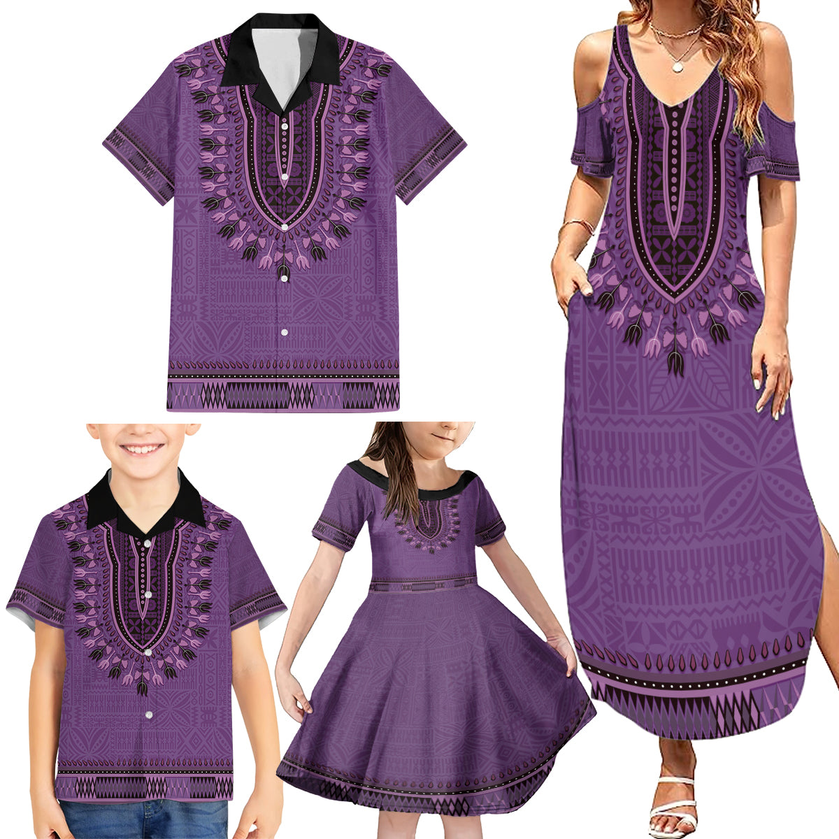 Purple African Dashiki With Fijian Tapa Pattern Family Matching Summer Maxi Dress and Hawaiian Shirt