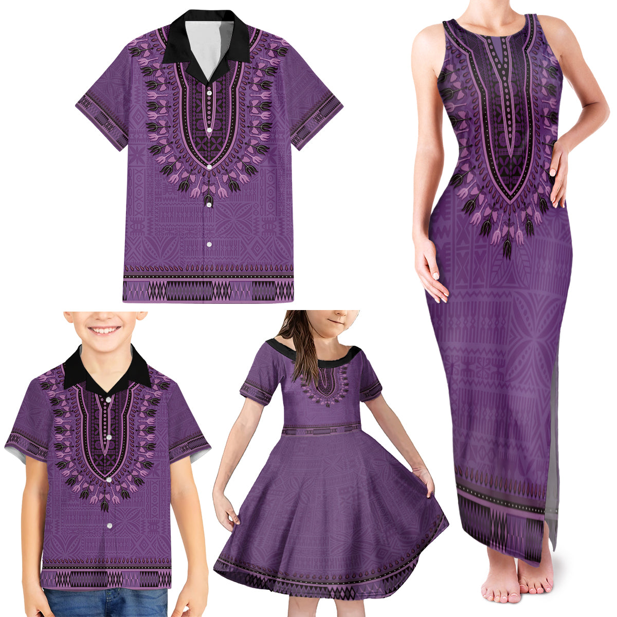 Purple African Dashiki With Fijian Tapa Pattern Family Matching Tank Maxi Dress and Hawaiian Shirt