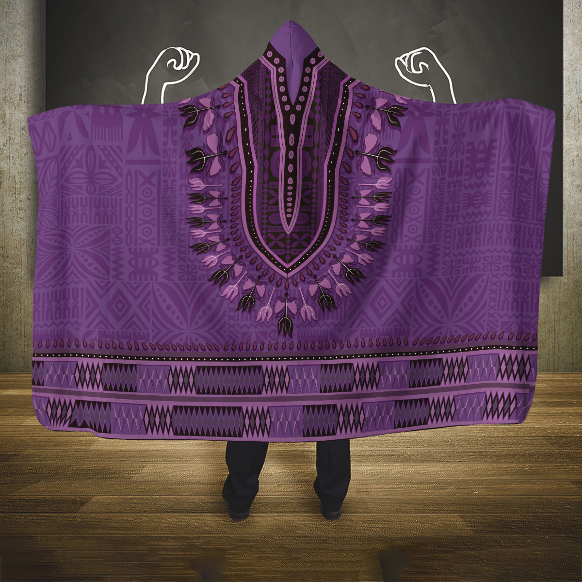 Purple African Dashiki With Fijian Tapa Pattern Hooded Blanket