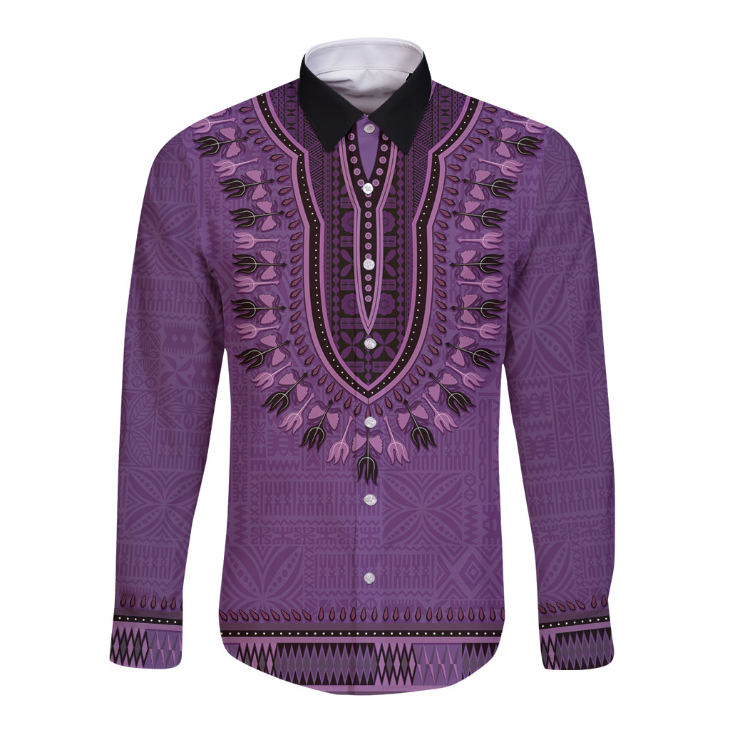 Purple African Dashiki With Fijian Tapa Pattern Long Sleeve Button Shirt