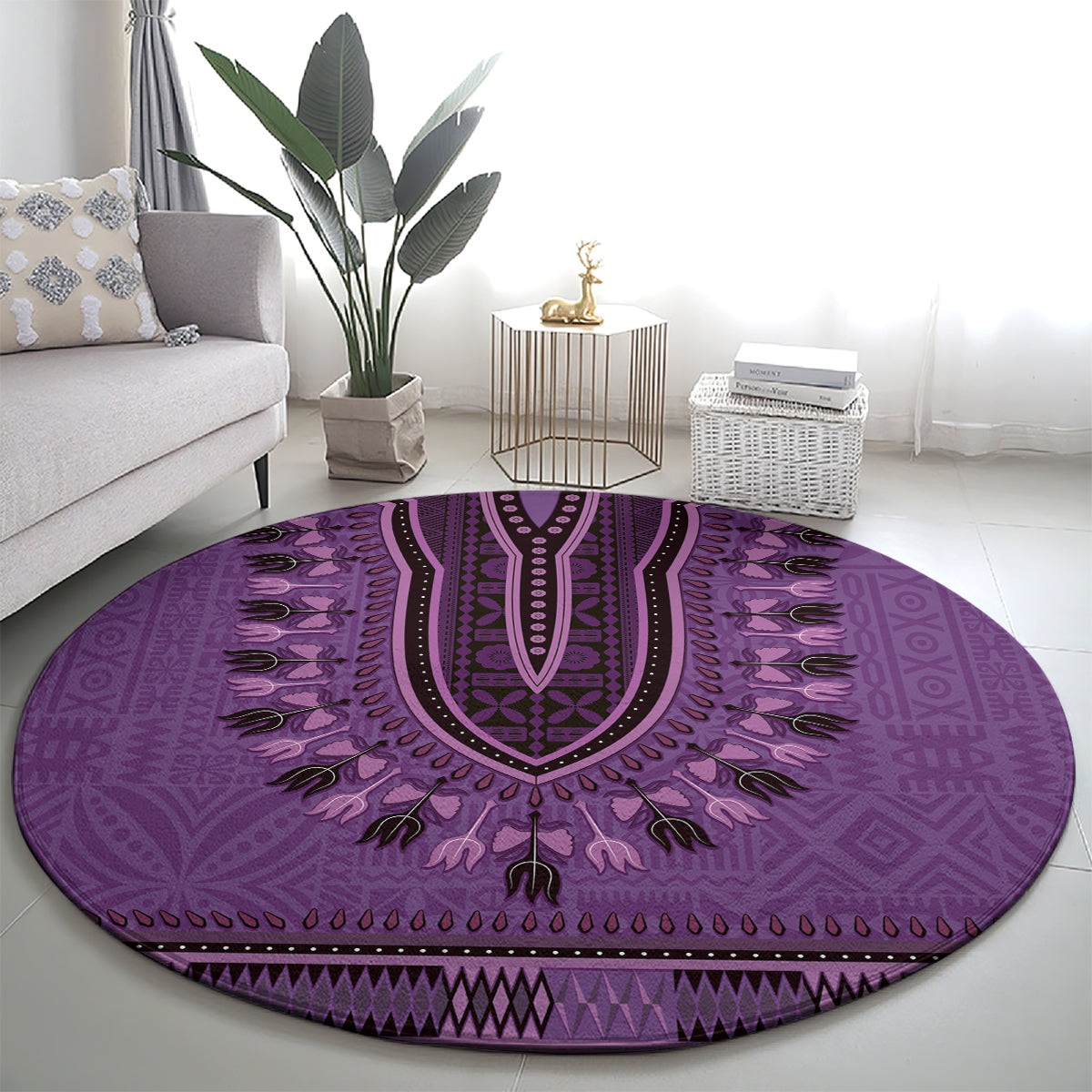 Purple African Dashiki With Fijian Tapa Pattern Round Carpet