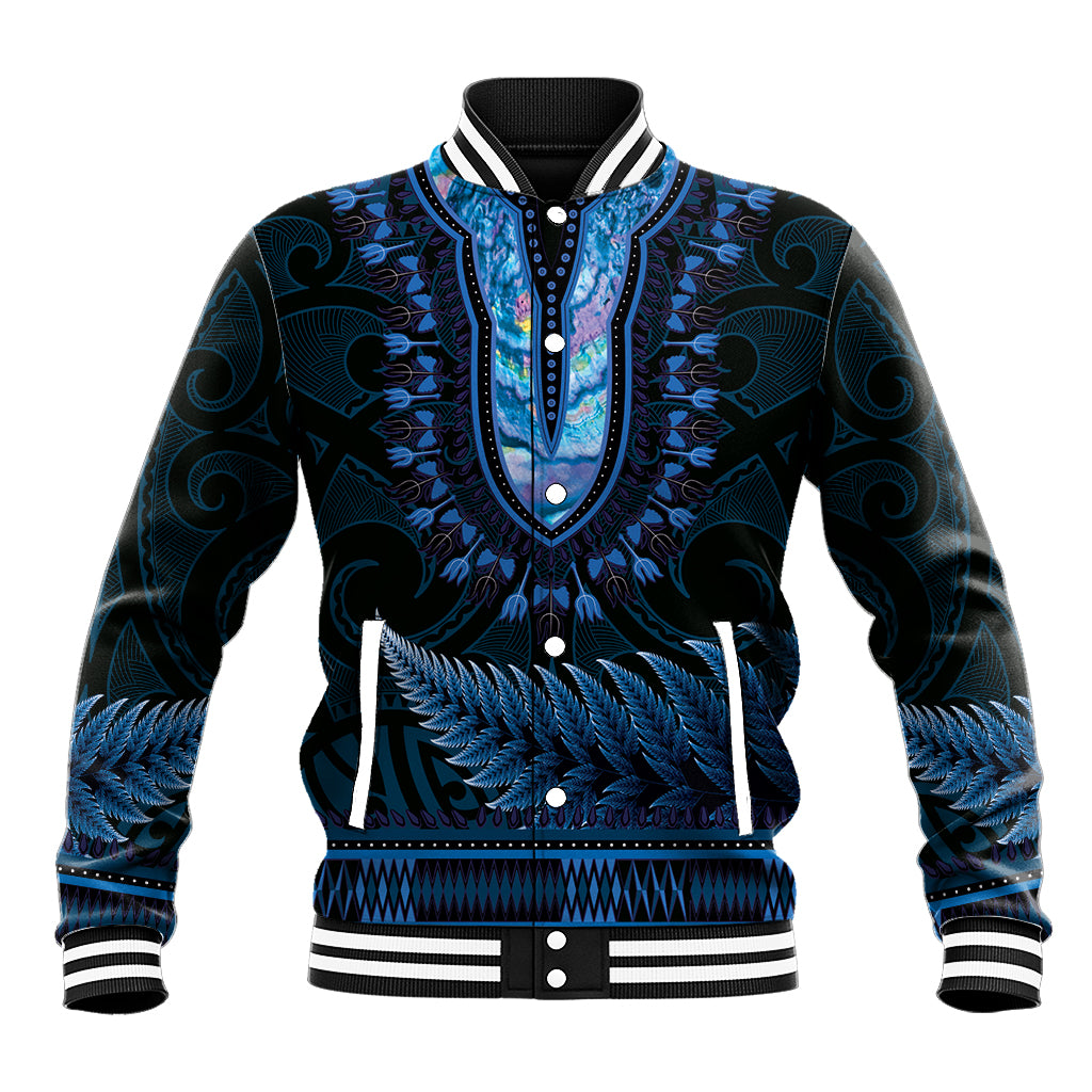 Blue African Dashiki With Aotearoa Maori Baseball Jacket Paua Shell Mix Silver Fern LT14 Unisex Blue - Polynesian Pride