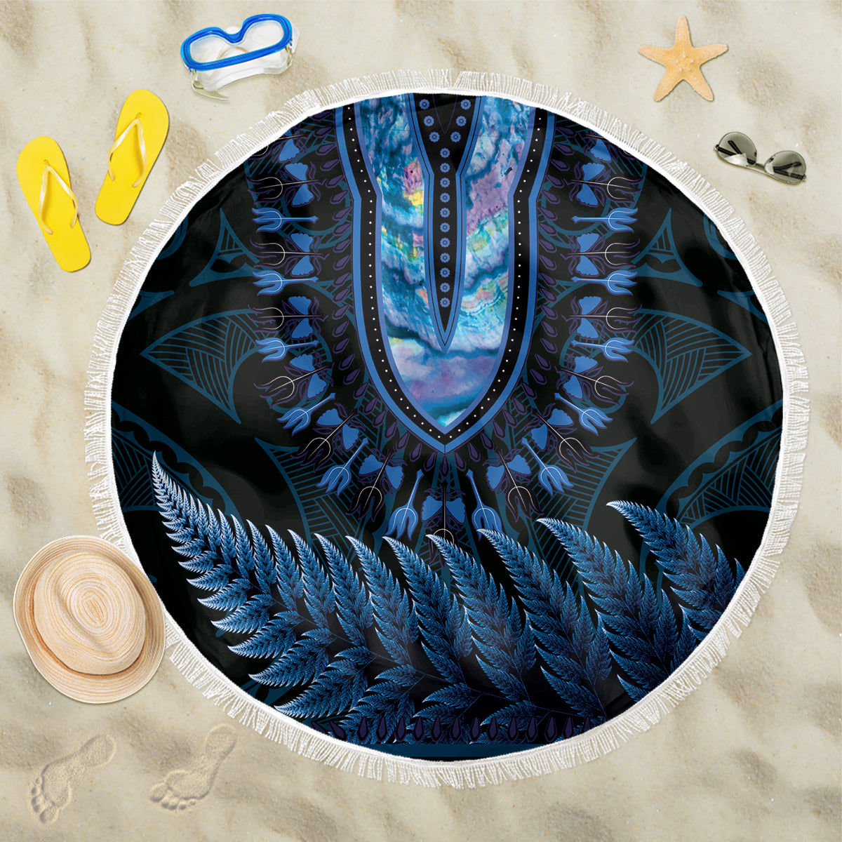 Blue African Dashiki With Aotearoa Maori Beach Blanket Paua Shell Mix Silver Fern