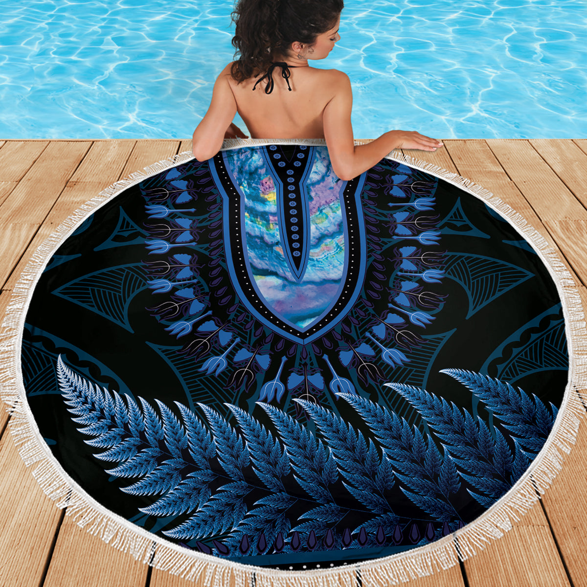 Blue African Dashiki With Aotearoa Maori Beach Blanket Paua Shell Mix Silver Fern LT14 - Polynesian Pride