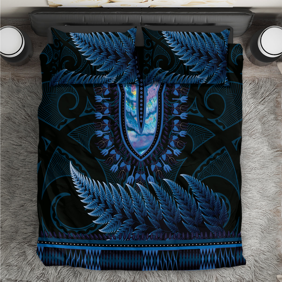 Blue African Dashiki With Aotearoa Maori Bedding Set Paua Shell Mix Silver Fern