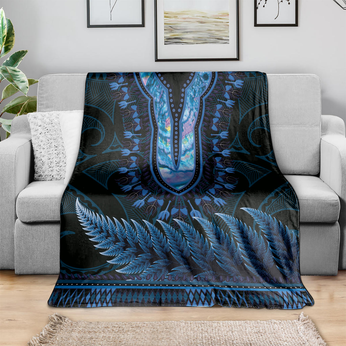 Blue African Dashiki With Aotearoa Maori Blanket Paua Shell Mix Silver Fern LT14 - Polynesian Pride