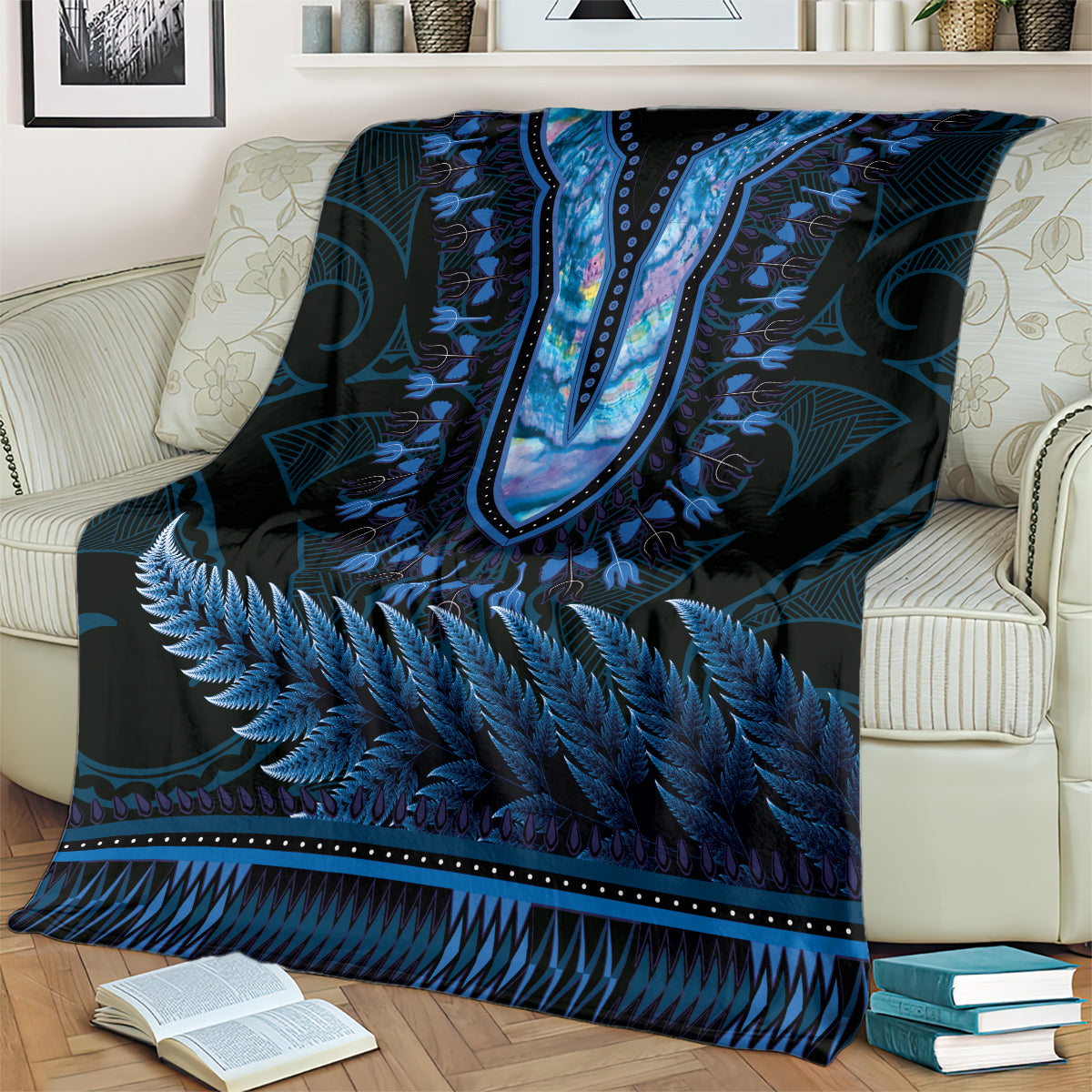 Blue African Dashiki With Aotearoa Maori Blanket Paua Shell Mix Silver Fern LT14 - Polynesian Pride