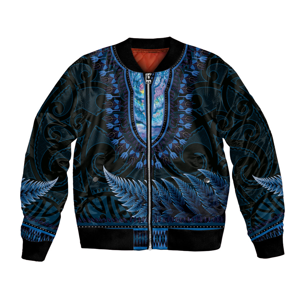 Blue African Dashiki With Aotearoa Maori Bomber Jacket Paua Shell Mix Silver Fern