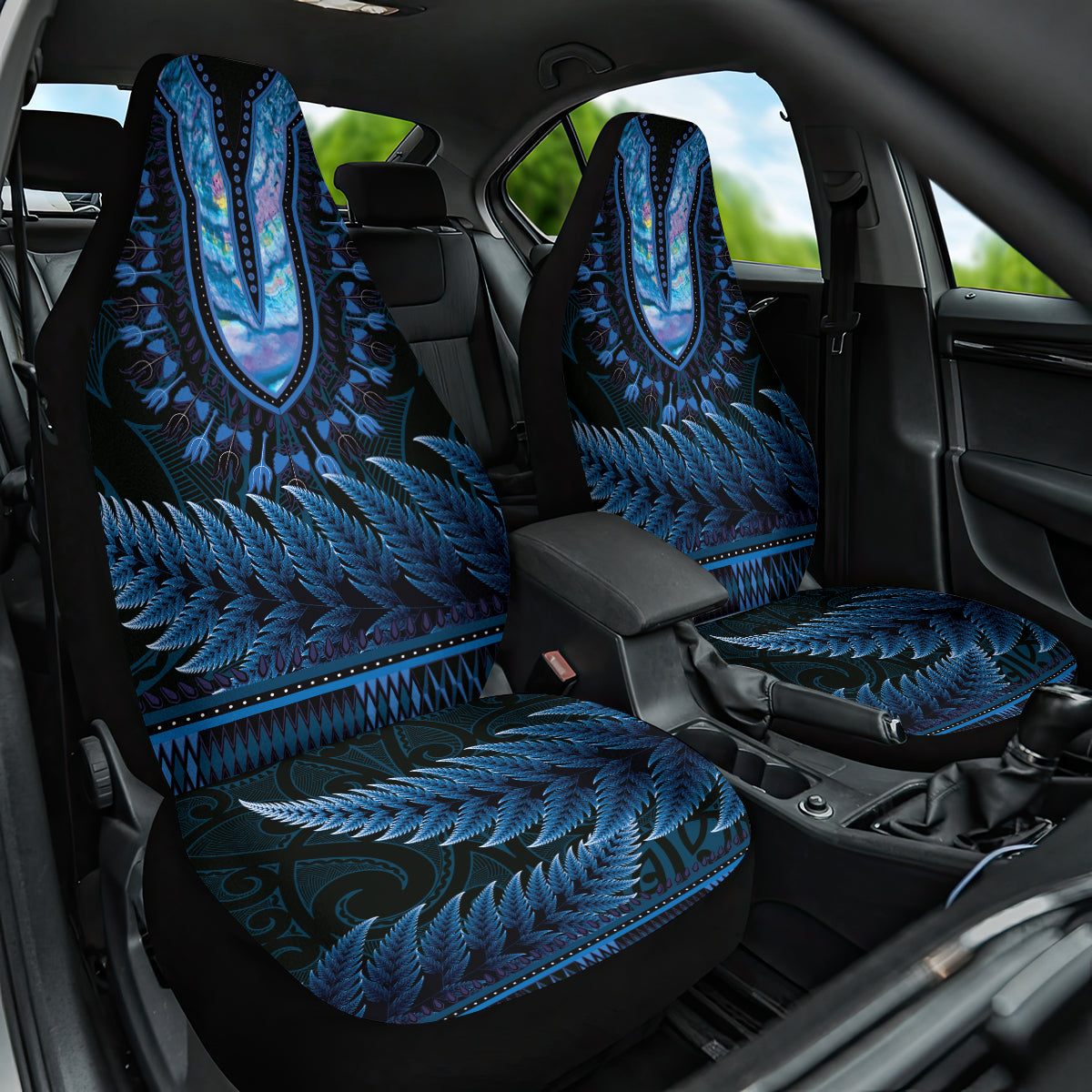 Blue African Dashiki With Aotearoa Maori Car Seat Cover Paua Shell Mix Silver Fern