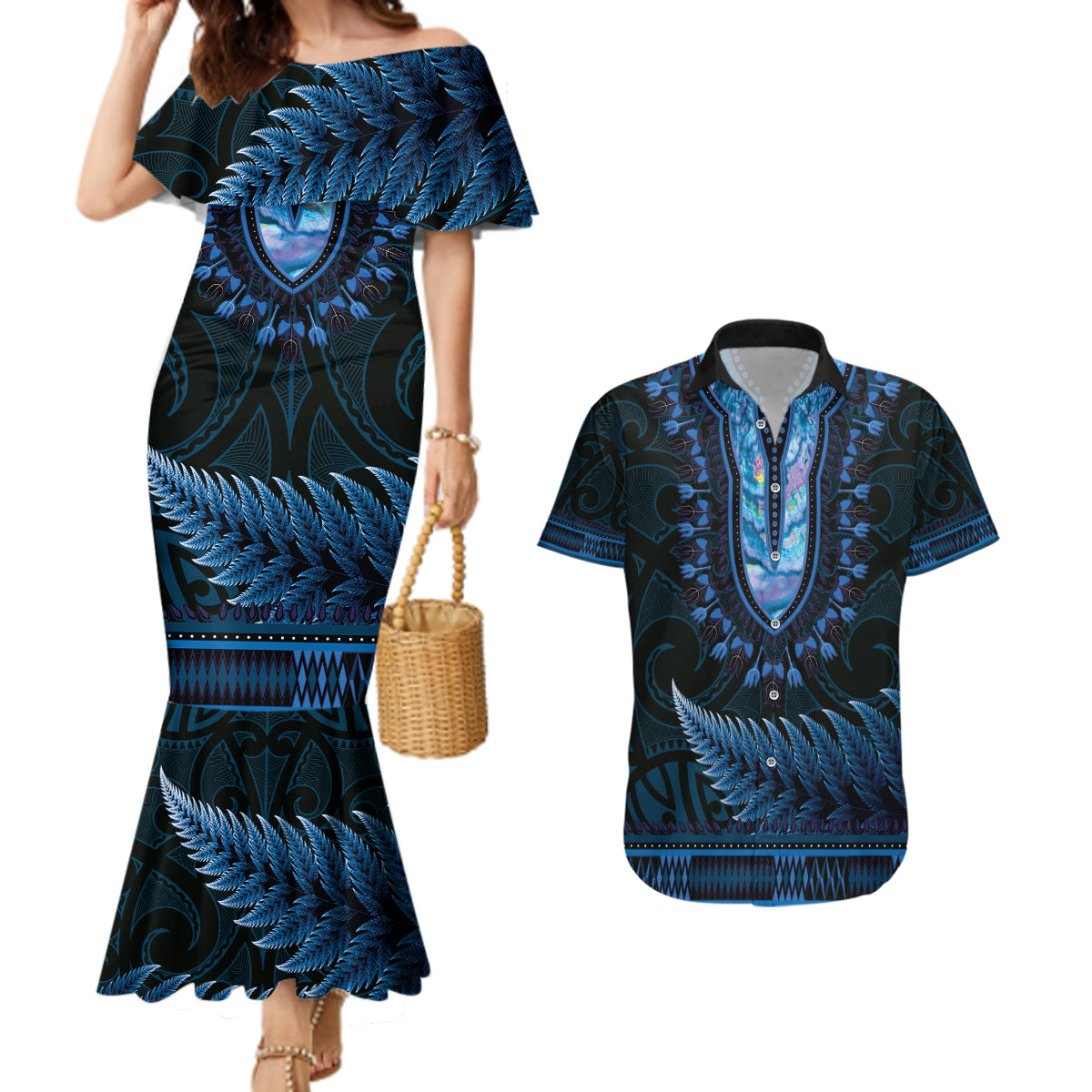 Blue African Dashiki With Aotearoa Maori Couples Matching Mermaid Dress and Hawaiian Shirt Paua Shell Mix Silver Fern